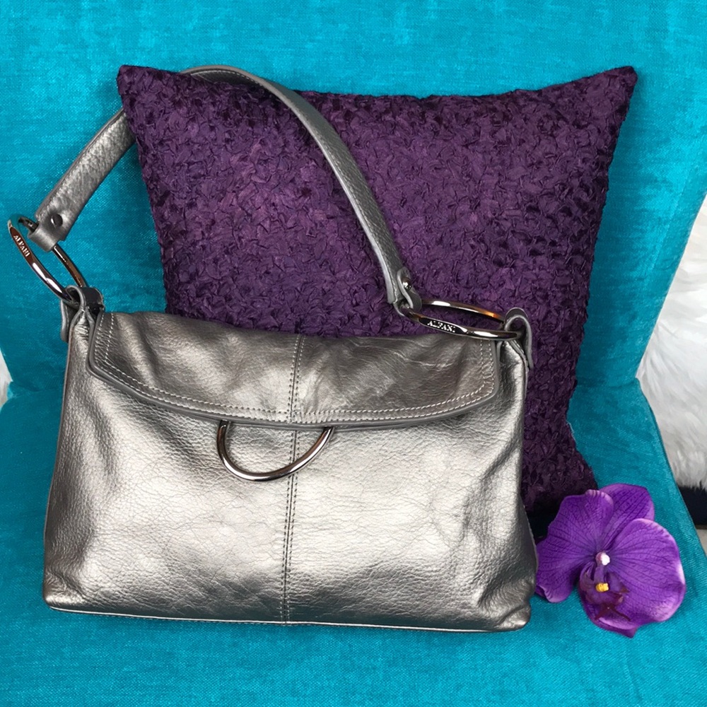 Alfani | Vintage Pebbly Leather Silver Shoulder bag with SS Accent Rings